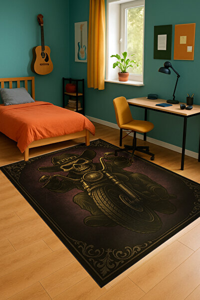 Rugs Modern Halı MOSSO Μαύρο Μωβ Τόνος Μοτοσικλετιστικό Μοτίβο Κρανίου Υφαντή...