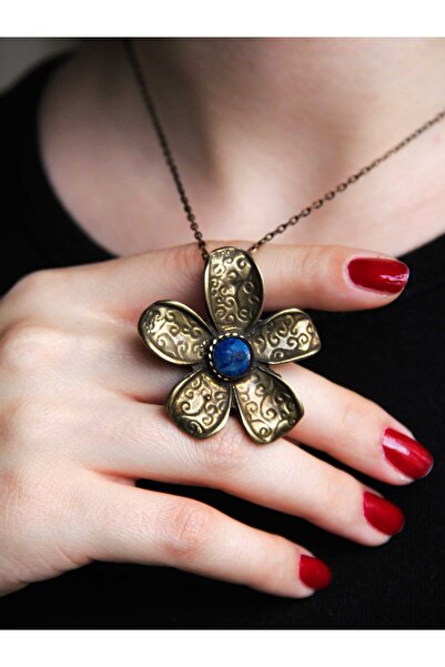 esha قلادة نسائية أصلية من الحجر الطبيعي لابيس مع نمط زهرة من الحجر الطبيعي م...