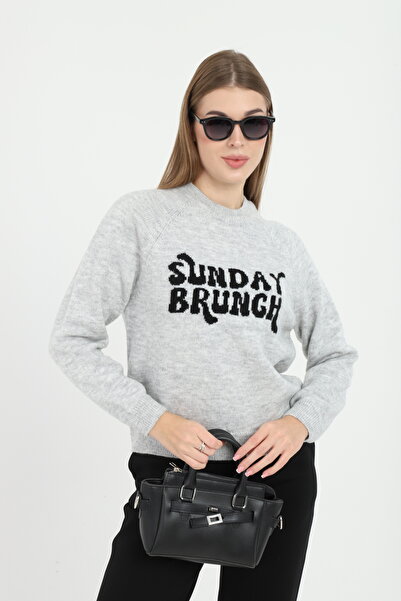 OWERALL Women's Sunday Text Patterned Crew Neck Sweater