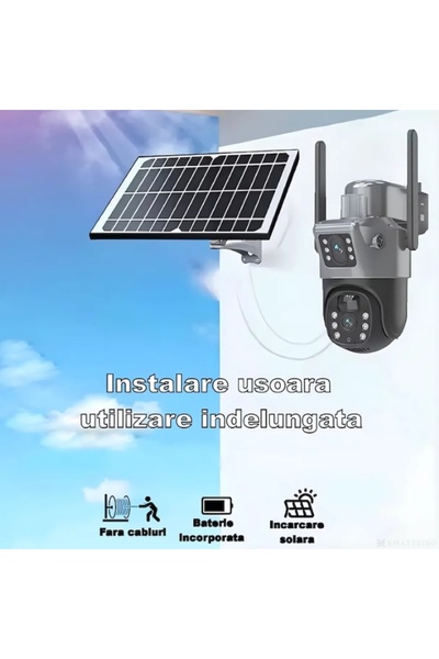 EMATTEIRO Cameră Supraveghere HD 4G cu Panou Solar 8W, Baterie 12000 mAh, Vedere Nocturnă, Detectare Mișcare