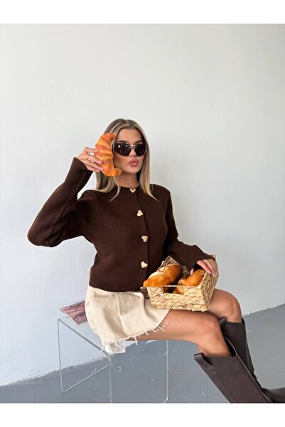 hiraz fashion Women's Coffee Heart Button Soft Textured Cardigan