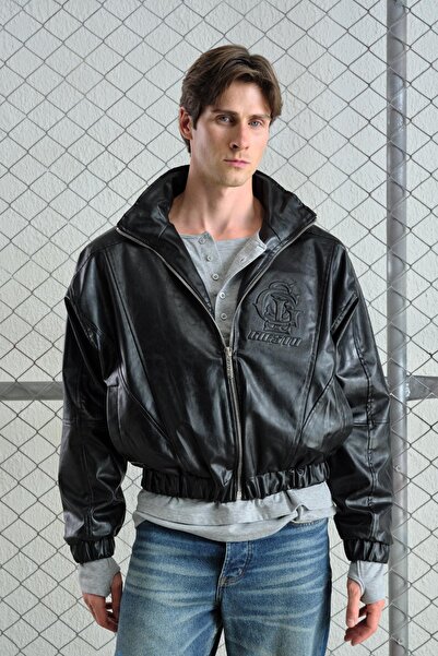 GIESTO Black Leather Jacket with Relief Logo Insert