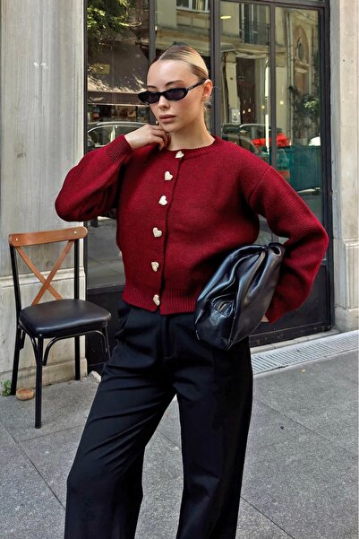 hiraz fashion Women's Burgundy Heart Button Soft Textured Cardigan