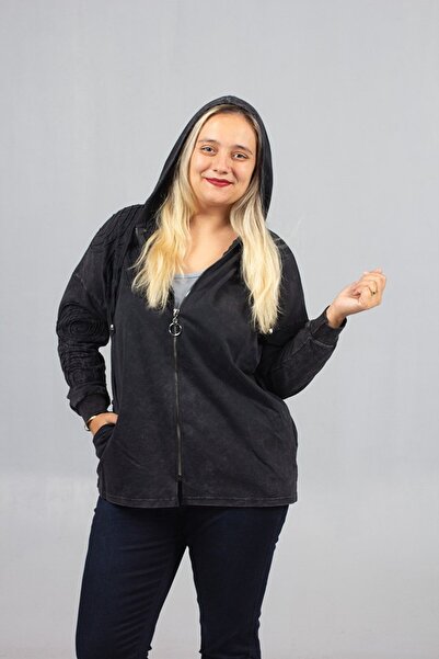 Truva XXL Plus Size 2 Thread Cotton Washed Black Hooded Sweatshirt
