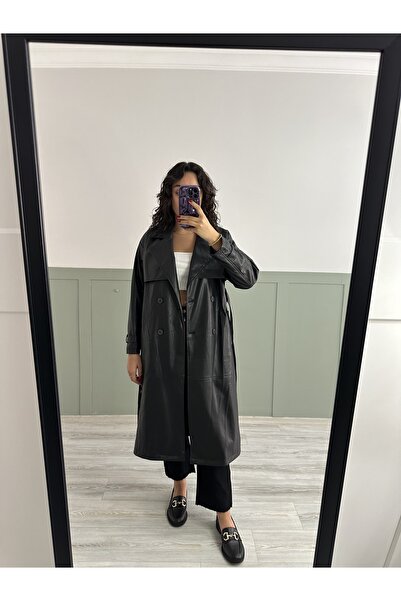 Erge boutique Siyah Deri Trençkot