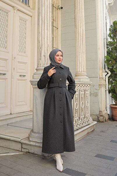 By Pommes Life Kadın Kemerli Düğmeli Uzun Boy Kaşe Kaban