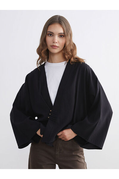 LC Waikiki Black Double Breasted Collar Oversize Women's Kimono