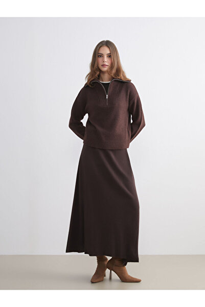 LC Waikiki Brown A-Line Knit Skirt with Elastic Waistband