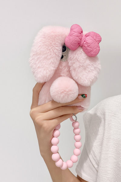 Paw Butik iPhone 16 Uyumlu Peluş Tavşan Telefon Kılıfı – Pembe Fiyonklu, Bonc...