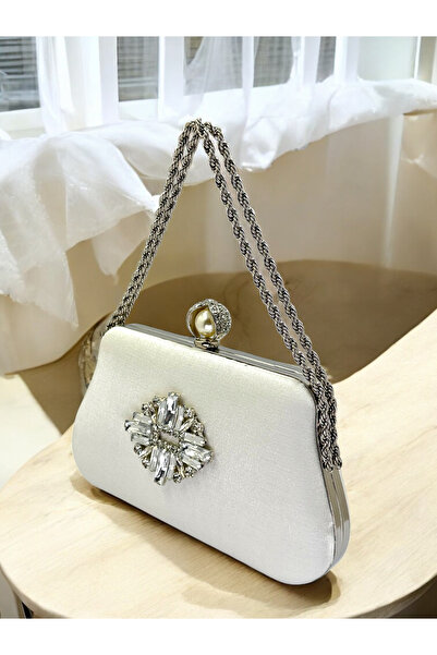 Biçanta Ecru Color Glittery Satin Silver and Pearl Detailed Chain Strap Women's Evening Dress Bag Wedding Engagement Prom