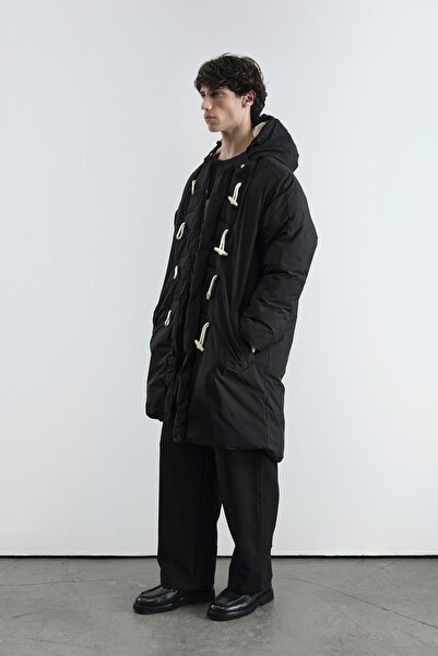 GIESTO Hooded Long Puffer Black Coat