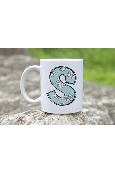 Beramussa Letter S Daisy Patterned Mug, Floral Tea Coffee Cup, Mother's Gift