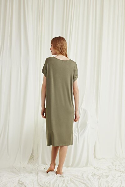 MONAMİSE Women'S, Lace Collar Short Sleeve, Khaki Nightgown