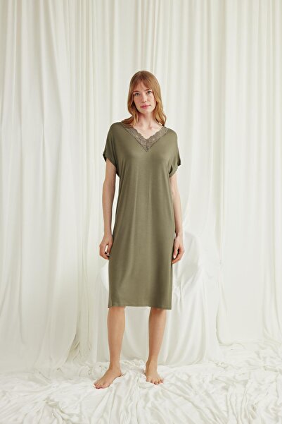 MONAMİSE Women'S, Lace Collar Short Sleeve, Khaki Nightgown