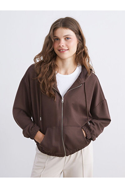 LC Waikiki Kahverengi Kapüşonlu Kadın Fermuarlı Sweatshirt