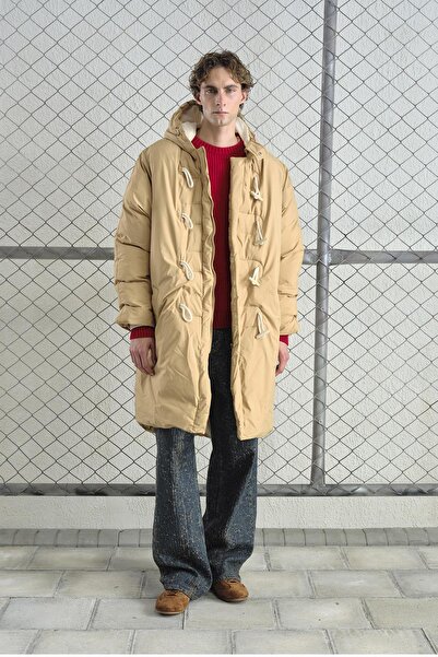 GIESTO Hooded Long Puffer Beige Coat