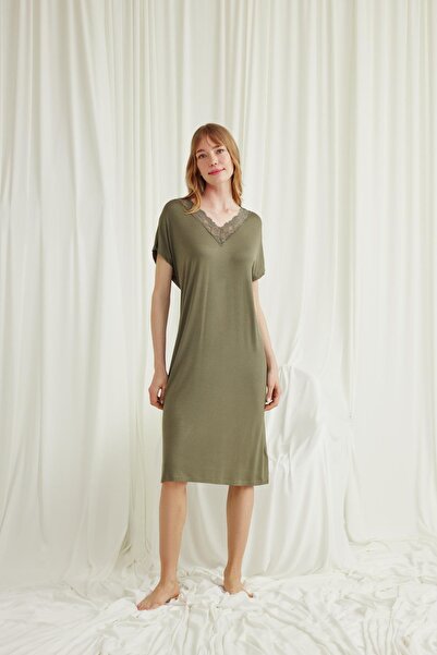 MONAMİSE Women'S, Lace Collar Short Sleeve, Khaki Nightgown