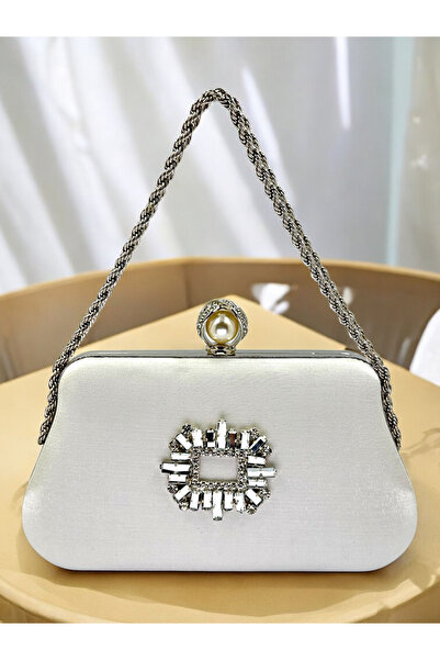 Biçanta Ecru Color Glittery Satin Silver and Pearl Detailed Chain Strap Women's Evening Dress Bag Wedding Engagement Prom