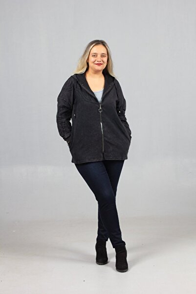 Truva XXL Plus Size 2 Thread Cotton Washed Black Hooded Sweatshirt