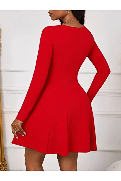 Masspera Kadın U Yaka Uzun Kollu Mini Ithal Krep Elbise