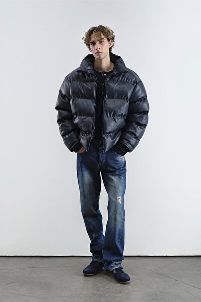 GIESTO Inflatable Leather Navy Blue Coat