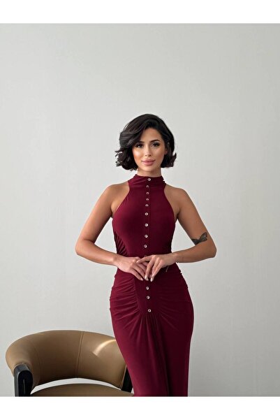 BEAUTY FASHİON Kadın Abiye Halter Yaka Yanları Dökümlü Süs Düğme Detaylı Maks...