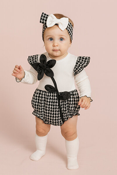 Balbadem baby kids Plaid Patterned Baby Girl Satin Floral Embossed Romper and Hair Bandana Set 3-6-9-12 Months