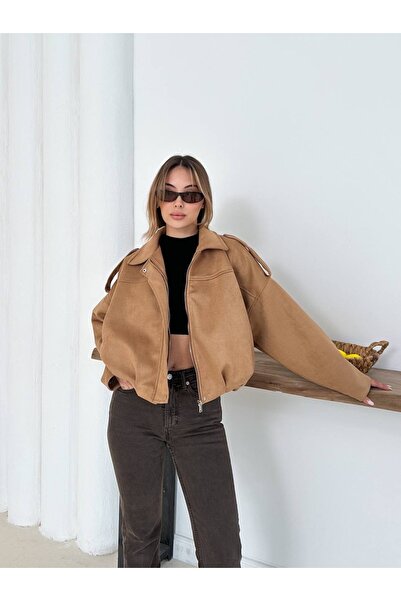 timagna Kadın Oversize Süet Bomber Ceket Yeni Sezon Dış Giyim