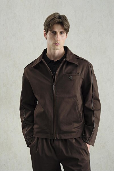 GIESTO Leather Trimmed Brown Classic Jacket