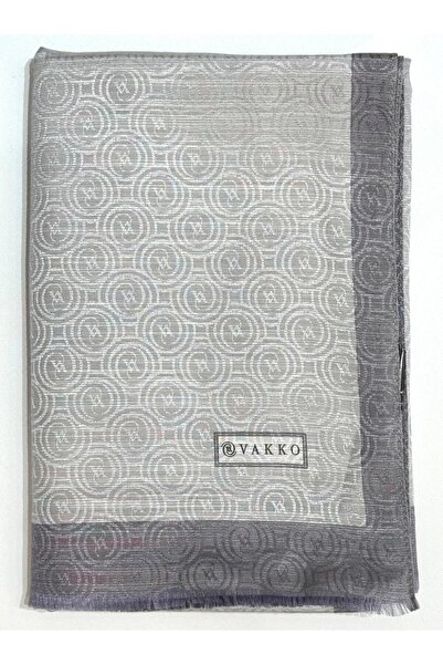 Vakko Cotton Silk Stripe Monogram Shawl 41728-Silver