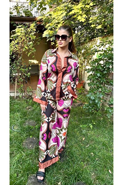 Intisimo Women's Suit, Two Pieces, Printed, Satin, Brown/Cyclamen