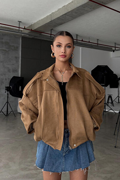 NET OF NOT سترة نسائية كبيرة الحجم من جلد الغزال بومبر فيجن