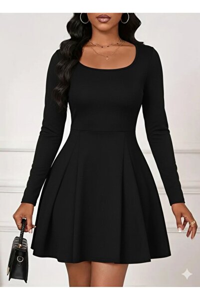 Monapera Kadın U Yaka Uzun Kollu Mini Ithal Krep Elbise