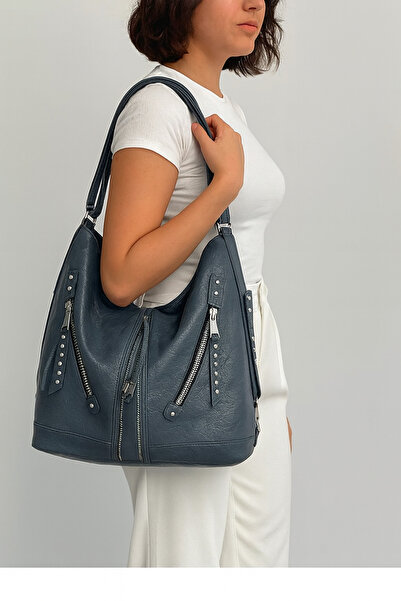 Çanta Trend Geantă de mână pentru femei din piele artificială moale, cu detaliu cu fermoar, albastră, potrivită pentru umăr și spate, 34*41 cm