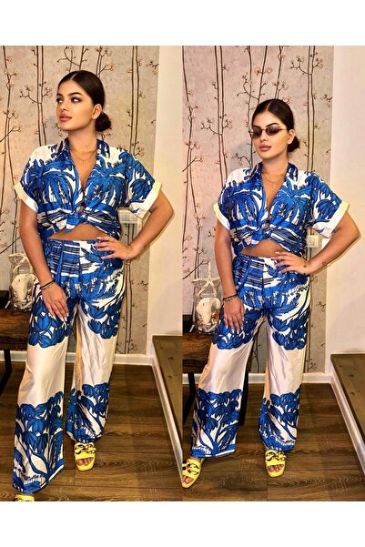 Intisimo Women's Suit, Two Pieces, Printed, Satin, Dark Blue