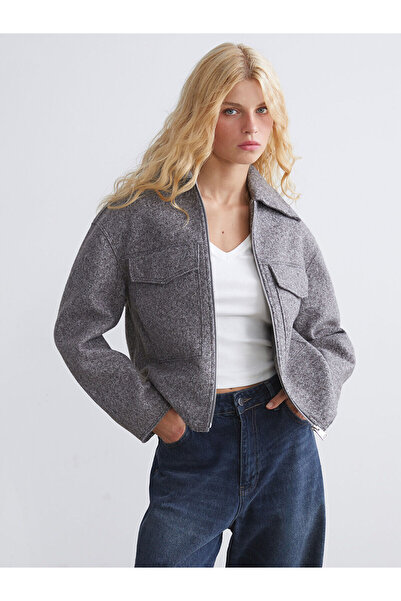 LC Waikiki Antrasit Gömlek Yaka Kadın Kaşe Ceket