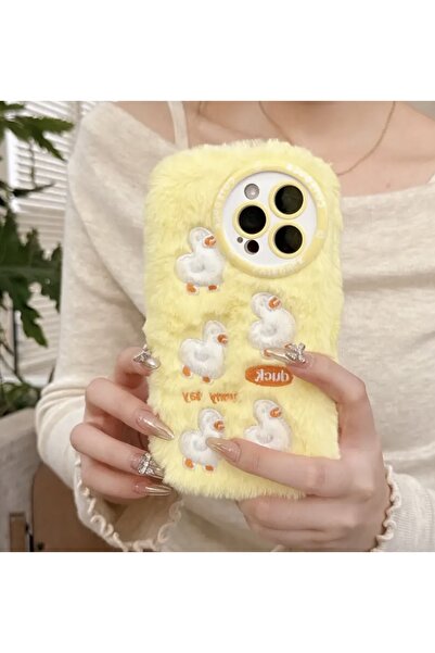 Paw Butik Iphone 13 Peluş Ördek Desenli Telefon Kılıfı – Yumuşak Peluş Kaplama