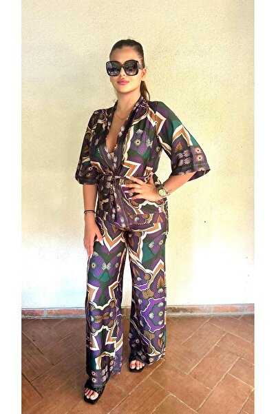 Intisimo Women's Suit, Two Pieces, Printed, Satin, Brown/Purple