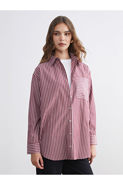 LC Waikiki Burgundy Striped Poplin Women's Shirt Tunic