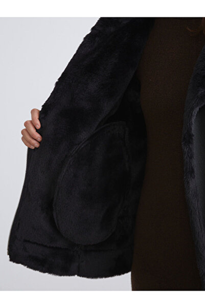 LC Waikiki Siyah Biker Yaka Kadın Deri Görünümlü Mont