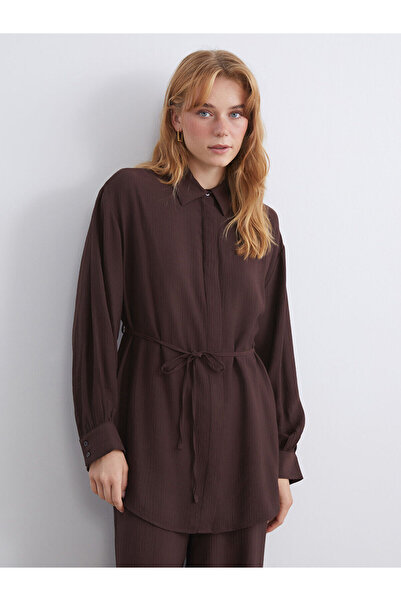 LC Waikiki Nevavm Lcw Modest Brown Textured Women's Shirt Tunic with a Differ...