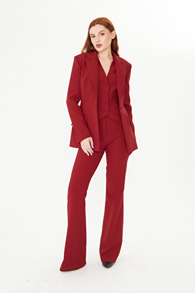 PEARL Bordo Ceket Yelek Pantolon Takım Kadın Blazer Takım Elbise - Ofis Şık Business Casual Moda Trend