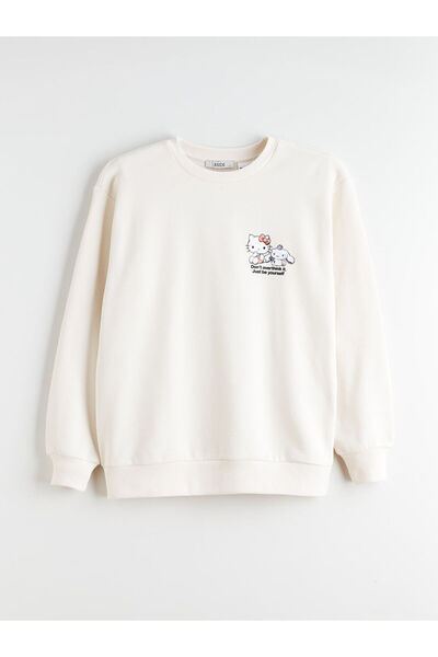 LC Waikiki Bej Hello Kitty Baskılı Oversize Kadın Kalın Sweatshirt