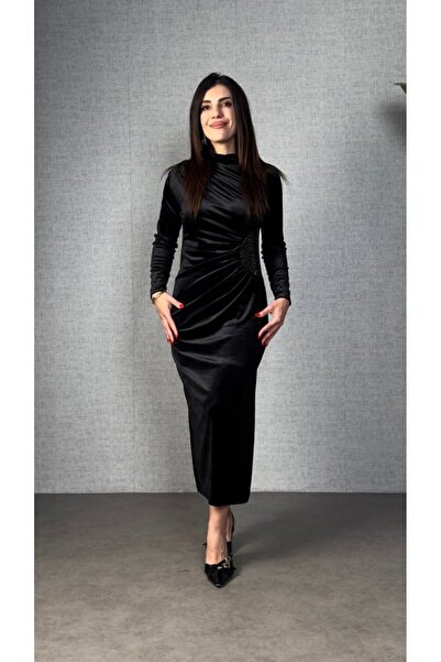 Lady Moss Rochie maxi din catifea, stil Turega, pentru femei, cu guler înalt,...