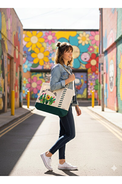 KOSTEBAG Pixie Ham Kanvas & Yeşil Gabardin Kombin 45×36×10cm Çiçek Desenli Be...