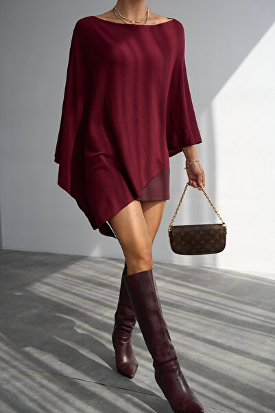LOOSH Kadın Bordo Asimetrik Yaka Oversize Panço