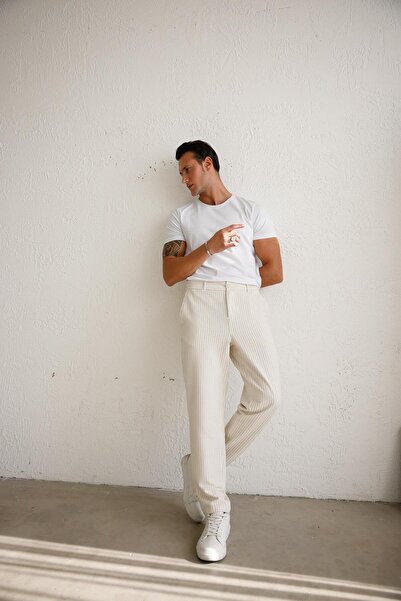 BRACCAS Men's Stretch Textured Slim Fit Beige Trousers