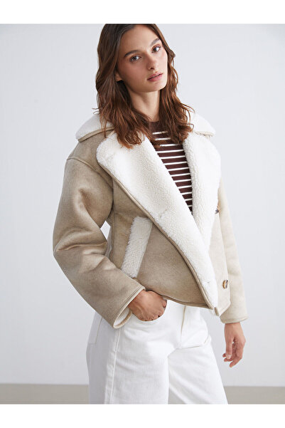 LC Waikiki Palton de piele de căprioară pentru femei, bej, cu guler biker, oversize