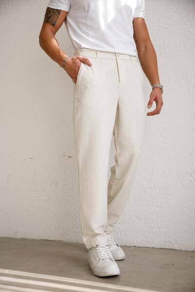 BRACCAS Men's Stretch Textured Slim Fit Beige Trousers