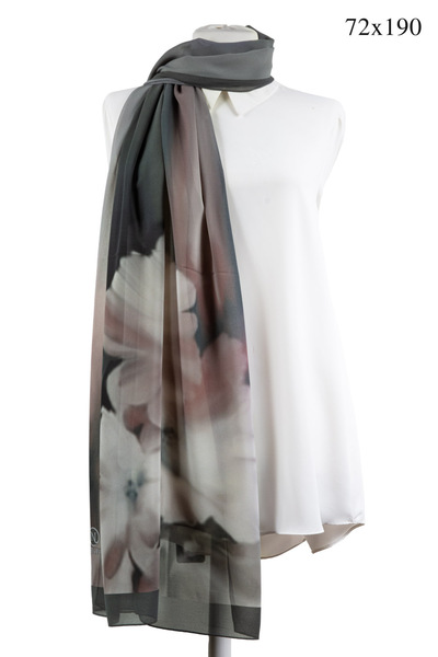 NUR İPEK Crepe Shawl with Degraded and Flower Pattern Gray - Dusty Rose Color 70X190 Non-Wrinkle Shawl Italian Sewing